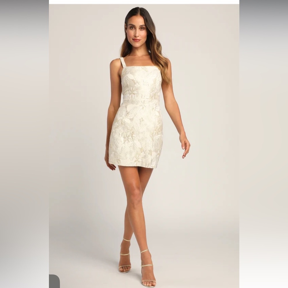 Shine for Us Cream Metallic Tropical Jacquard Mini Dress Lulus NTW